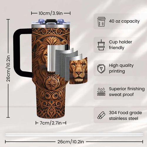 1-Pack Men's Lion Design Insulated Bottle Cup - Brown Lion Head, Leakproof Coffee Cup , Heavy-Duty 304 Stainless Steel Travel Mug (40oz) Maximus Echo