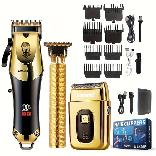 3pcs/se 1pc/sett Men's Professional Golden Hair Clipper & Trimmer Set - USB Rechargeable Hair Cutting Including Electric Shaver,3 Cleaning Brushes Maximus Echo