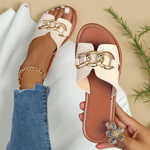 2025 Summer Women's Elegant Flat Casual Beach Sandals - Open-Toe White Adjustable Back Strap - Maximus Echo