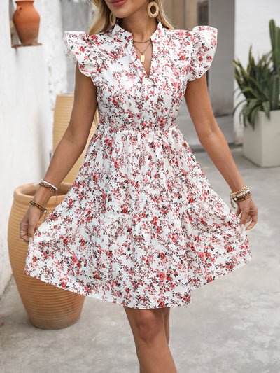 100% Polyester Floral Print Mini Dress - Vacation Style with Flutter Sleeves for Women's Summer - Maximus Echo