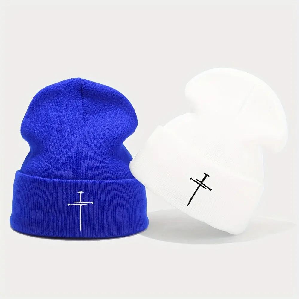Unisex White & Blue/ Grey Knit Beanie Hats with Cross- Winter