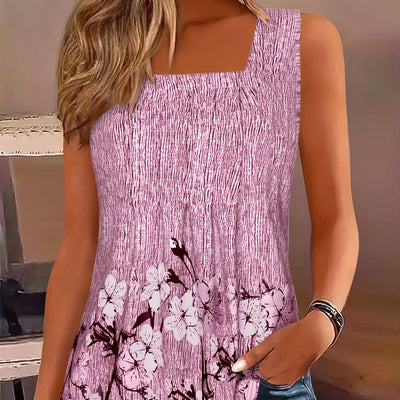 Women's Summer Square Neck Sleeveless Tank Top - Floral Print Ruching Detail, Stretchy Polyester-Spandex Blend, Machine Washable - Maximus Echo