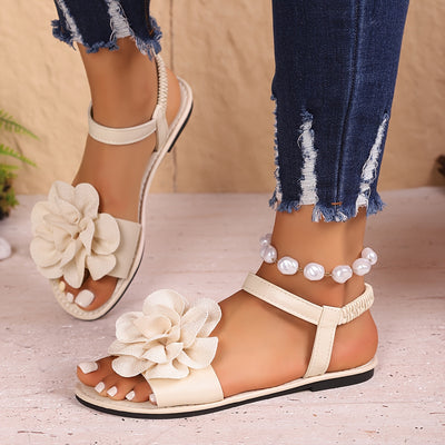 Women's Summer Elegant Flat Sandals with Large Blue Floral Design, Adjustable Ankle Strap - Open-Toe Breathable Faux Cover for Casual & Dressy Occasions, Dressy Sandals - Maximus Echo