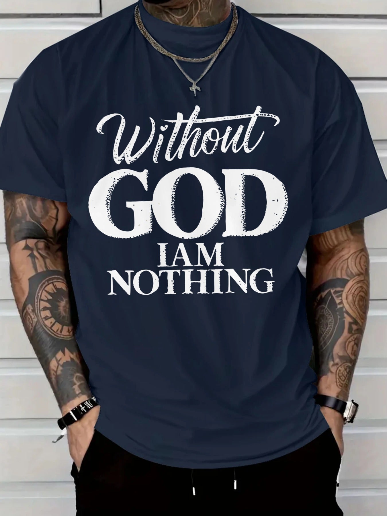 Men's 180g Heavyweight Cotton T-Shirt with "Without GOD I AM NOTHING" Inspirational Print - Navy Blue Casual Round Neck Short Sleeve Tee, Machine Washable - Maximus Echo