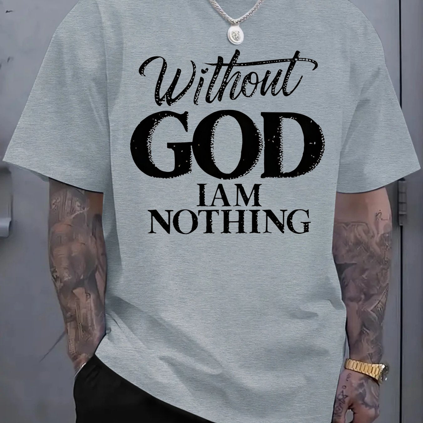 Men's 180g Heavyweight Cotton T-Shirt with "Without GOD I AM NOTHING" Inspirational Print - Navy Blue Casual Round Neck Short Sleeve Tee, Machine Washable - Maximus Echo