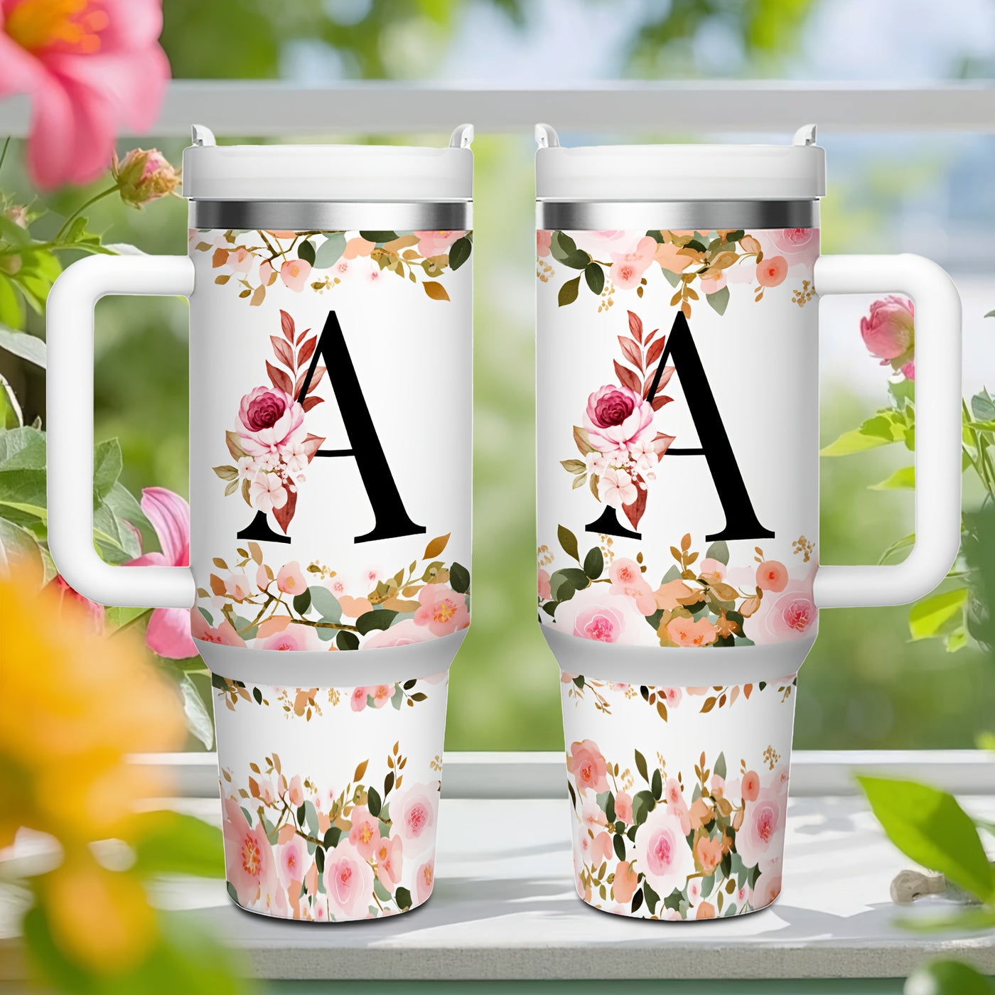 1pc 40oz "A-Z Floral Letters" Stainless Steel Travel Cup, Keeps Hot 12h Cold 24h. Coffee Cup - Maximus Echo