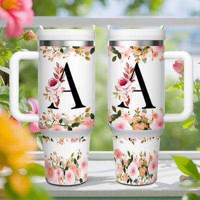 1pc 40oz "A-Z Floral Letters" Stainless Steel Travel Cup, Keeps Hot 12h Cold 24h. Coffee Cup - Maximus Echo