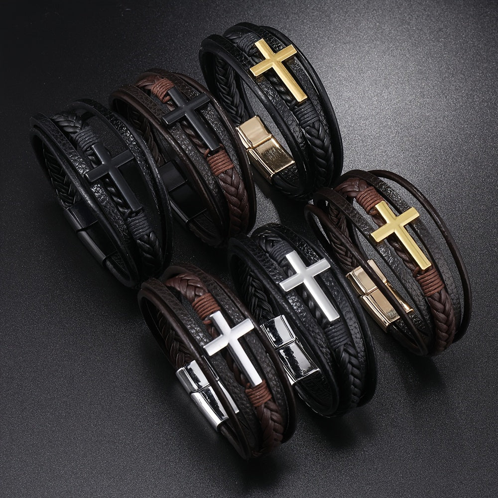 1pc PU Leather Fashion Magnetic Buckle Cross Simple Men's Versatile Woven Bracelet, Father's Day Gift - Maximus Echo