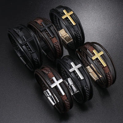 1pc PU Leather Fashion Magnetic Buckle Cross Simple Men's Versatile Woven Bracelet, Father's Day Gift - Maximus Echo