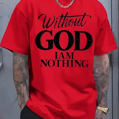 Men's 180g Heavyweight Cotton T-Shirt with "Without GOD I AM NOTHING" Inspirational Print - Navy Blue Casual Round Neck Short Sleeve Tee, Machine Washable - Maximus Echo