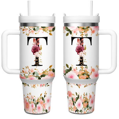 1pc 40oz "A-Z Floral Letters" Stainless Steel Travel Cup, Keeps Hot 12h Cold 24h. Coffee Cup - Maximus Echo