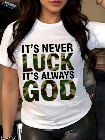Women'S Casual T-Shirt - "It'S Never Lucky to Be God" Graphic, Comfortable Round Neck - Maximus Echo