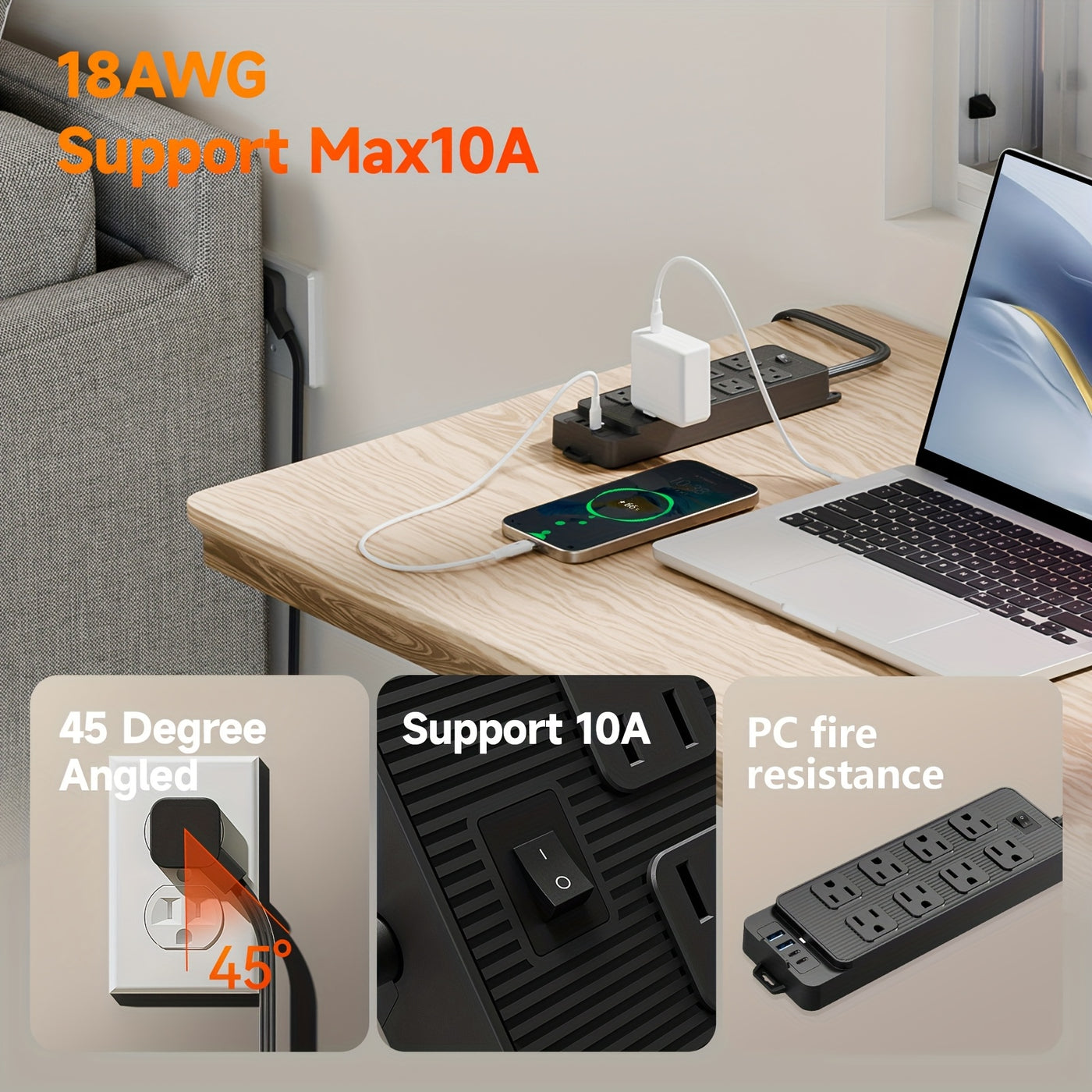 Protector Outlet Extender Power Strip with 5ft/10ft Thin Flat Extension Cord, 8 Widely Distributed AC Outlets, 4 USB Charging Ports (2 USB A & 2 USB C), Desk Charging Station, Compact Power Strip Outlet Extend - Maximus Echo
