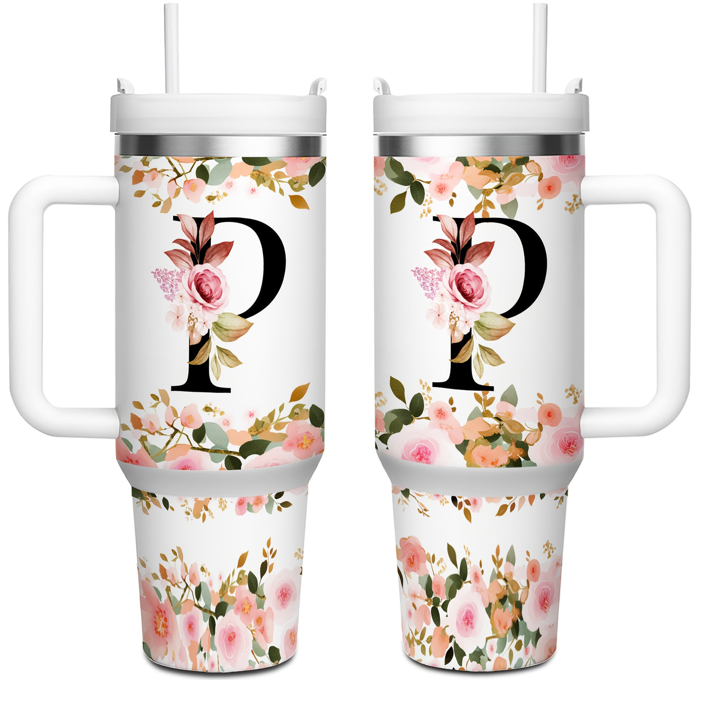 1pc 40oz "A-Z Floral Letters" Stainless Steel Travel Cup, Keeps Hot 12h Cold 24h. Coffee Cup - Maximus Echo