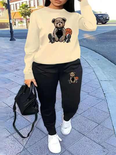 Women'S Casual Sports Fashion Bear Basketball Pattern Crew Neck Sweatshirt Set with Knit Fabric, 100% Polyester Material, Fall/Winter Season