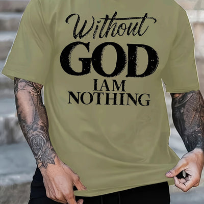 Men's 180g Heavyweight Cotton T-Shirt with "Without GOD I AM NOTHING" Inspirational Print - Navy Blue Casual Round Neck Short Sleeve Tee, Machine Washable - Maximus Echo
