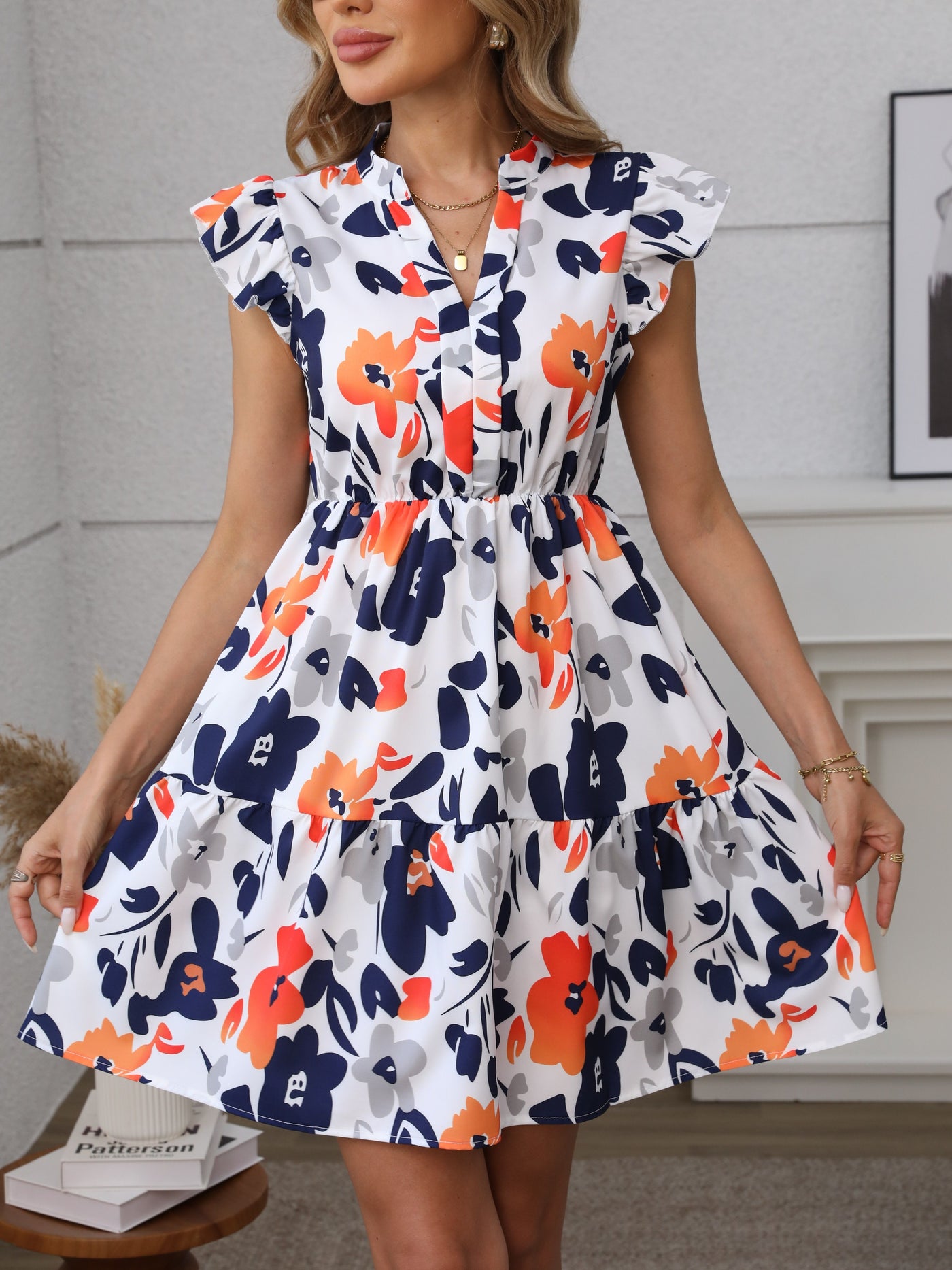 100% Polyester Floral Print Mini Dress - Vacation Style with Flutter Sleeves for Women's Summer - Maximus Echo