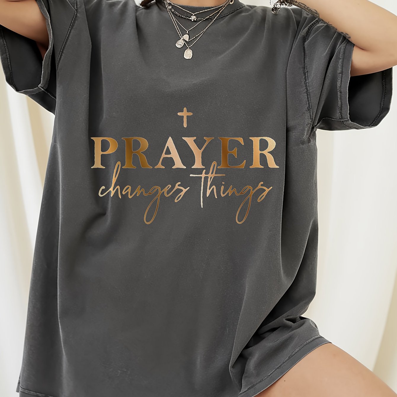 Women's "Prayer Changes Things" Christian T-Shirt - Navy Blue & Golden Lettering, 100% Cotton - Maximus Echo