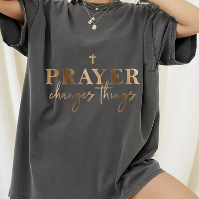 Women's "Prayer Changes Things" Christian T-Shirt - Navy Blue & Golden Lettering, 100% Cotton - Maximus Echo