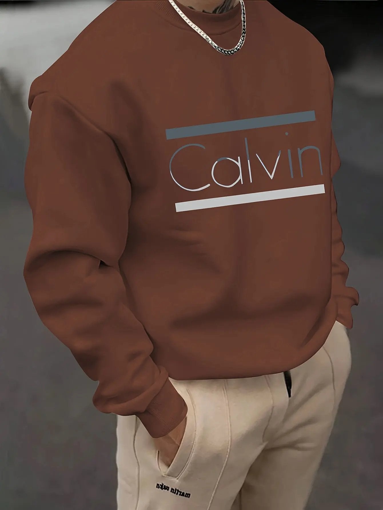 Brown Casual Pullover with "Calvin" Print, Comfortable H-Fit for Outdoor Maximus Echo