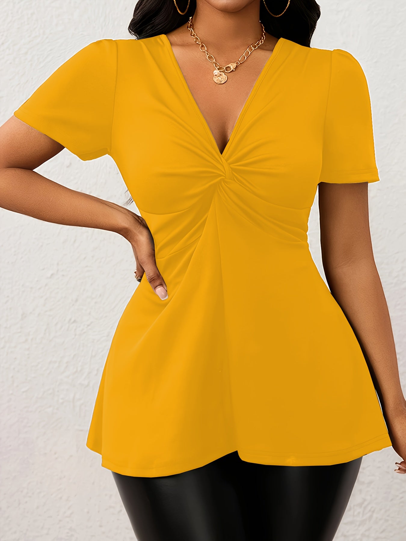 Women'S Elegant Solid Color V-Neck Twist-Front Loose Hem Stretchy Comfortable Basic T-Shirt Top - Maximus Echo