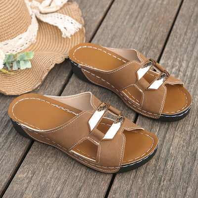 Women's Slip-On Thick Sole Adjustable Metallic Buckle Straps, Breathable Open-Toe Dressy Shoes, High Quality Footwear - Maximus Echo