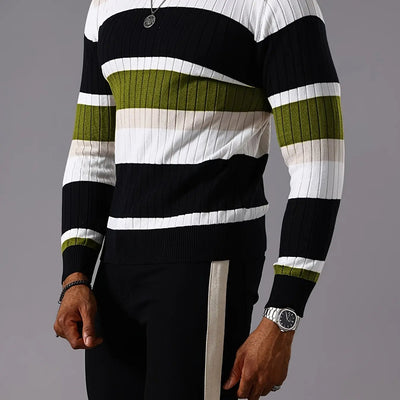 Men's Striped Color-Block Ribbed Knit Sweater - Long Sleeve Round Neck Pullover with Elastic