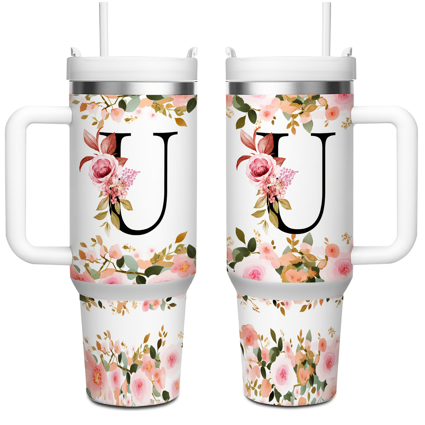 1pc 40oz "A-Z Floral Letters" Stainless Steel Travel Cup, Keeps Hot 12h Cold 24h. Coffee Cup - Maximus Echo