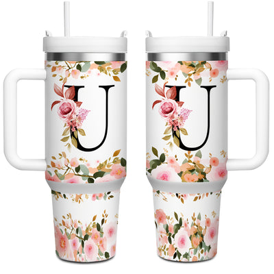 1pc 40oz "A-Z Floral Letters" Stainless Steel Travel Cup, Keeps Hot 12h Cold 24h. Coffee Cup - Maximus Echo