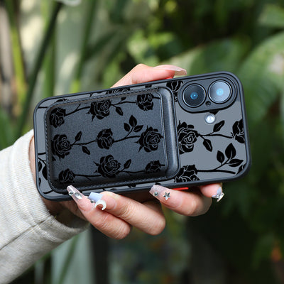 2pcs 1 Set & Luxury All Inclusive Shockproof Black Rose Pattern for Iphone Magnetic Case & Compatible with 1-2 Credit Cards Quality Leather - Maximus Echo