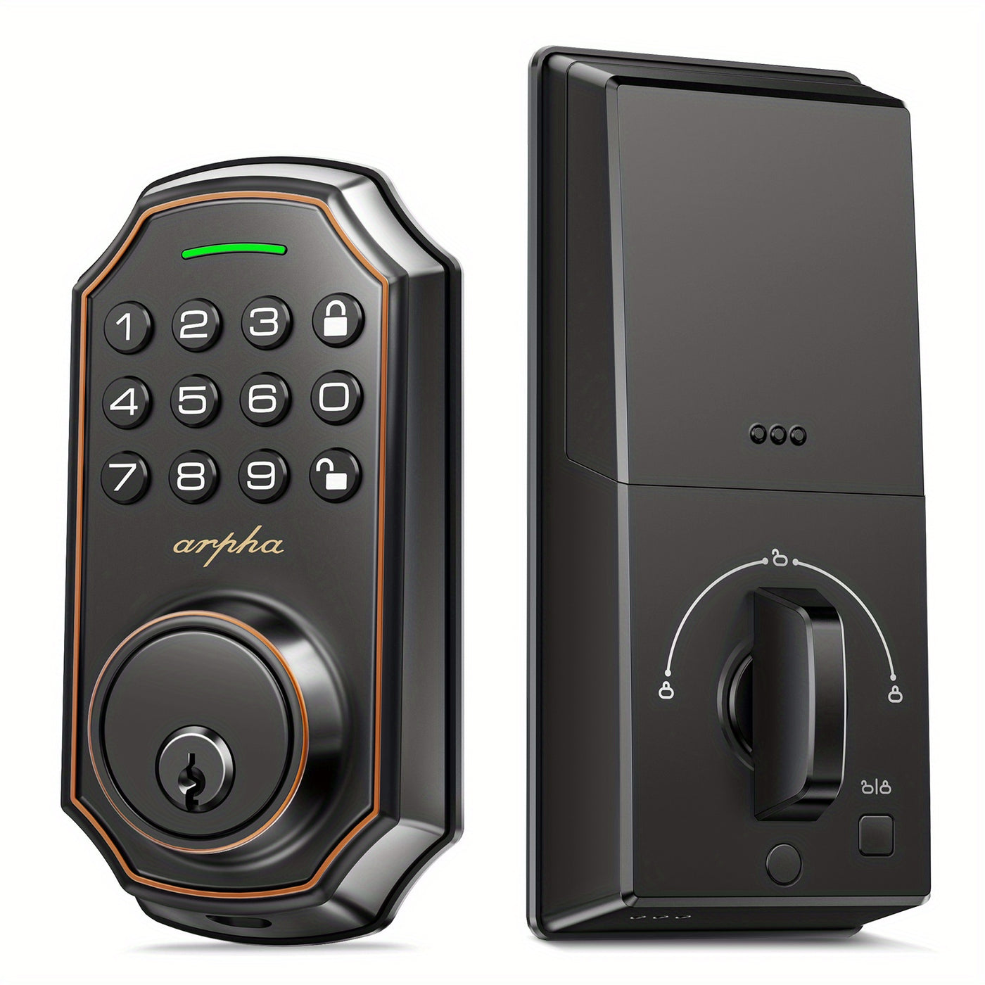 Arpha Smart Keyless Entry Door Lock - 100 Code Anti-Peek Combination, Auto Lock/Unlock, Easy Installation, Black & Orange, Low Battery Alarm, for Secure Home Access - Maximus Echo