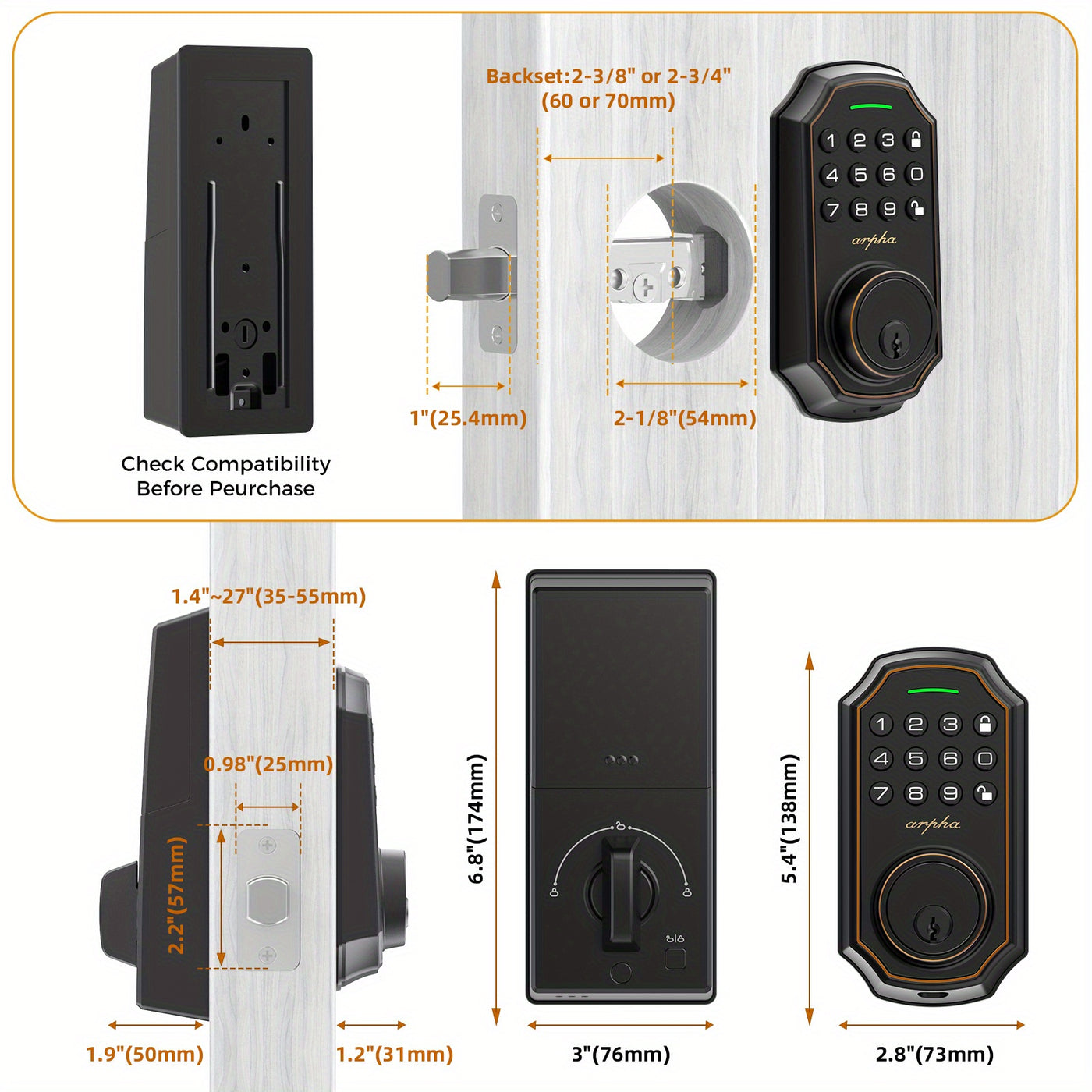 Arpha Smart Keyless Entry Door Lock - 100 Code Anti-Peek Combination, Auto Lock/Unlock, Easy Installation, Black & Orange, Low Battery Alarm, for Secure Home Access - Maximus Echo