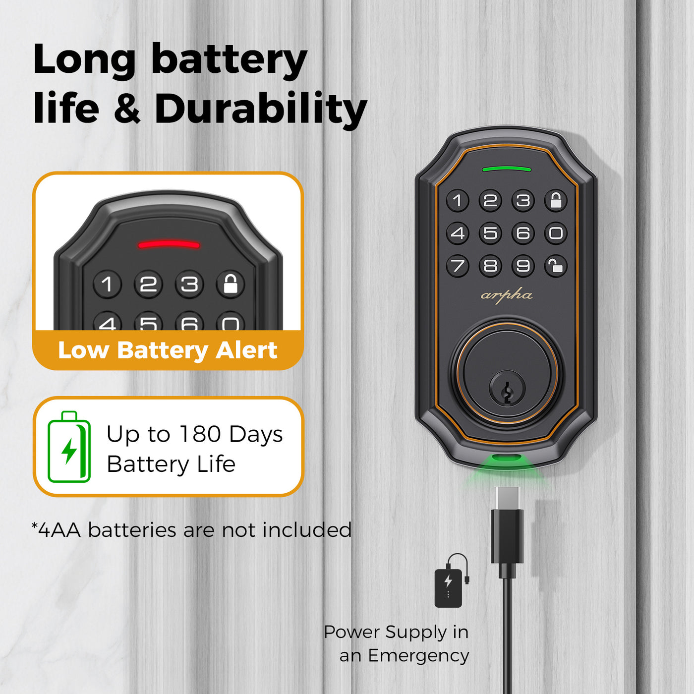 Arpha Smart Keyless Entry Door Lock - 100 Code Anti-Peek Combination, Auto Lock/Unlock, Easy Installation, Black & Orange, Low Battery Alarm, for Secure Home Access - Maximus Echo