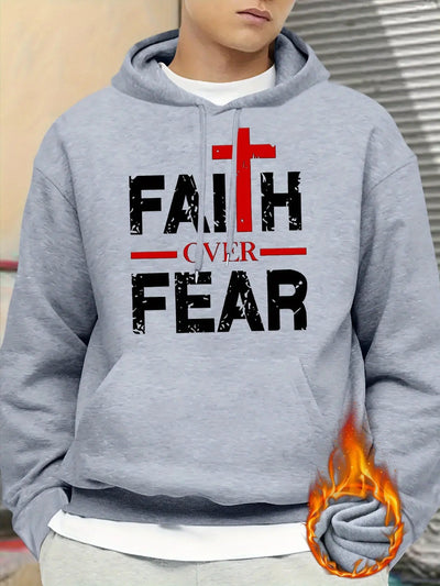 Regular Fit Polyester Men's Casual Knit Hoodie - Faith Over Fear Print Maximus Echo