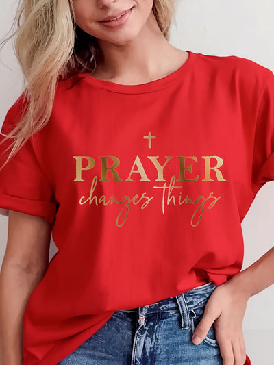 Women's "Prayer Changes Things" Christian T-Shirt - Navy Blue & Golden Lettering, 100% Cotton - Maximus Echo