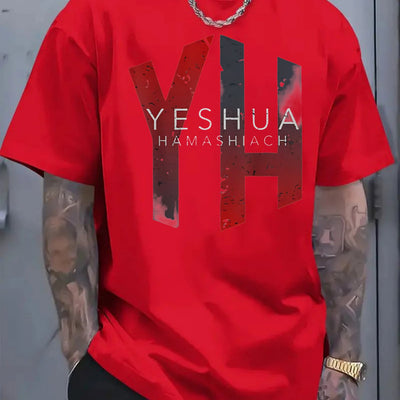 2025 Men's Casual Cotton T-Shirt with Yeshua Hamashiah Graphic Print -  Short Sleeve Round Neck, Fit for All-Season Comfort, Machine Washable - Maximus Echo