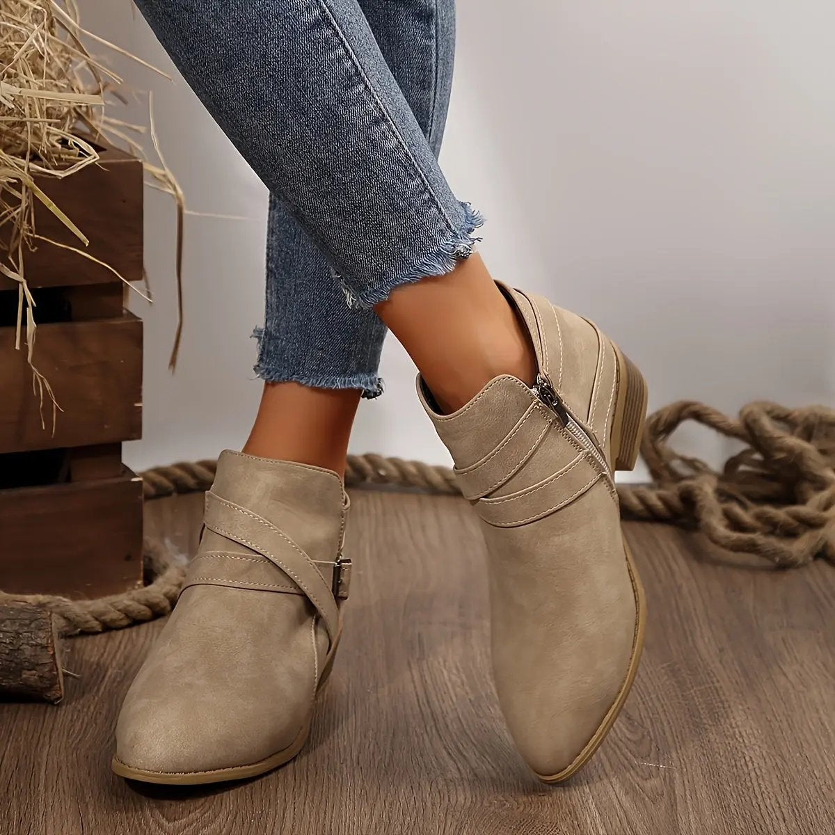 Women's Ankle Boots with Adjustable Buckle Straps & Side Zipper Closure