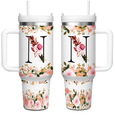 1pc 40oz "A-Z Floral Letters" Stainless Steel Travel Cup, Keeps Hot 12h Cold 24h. Coffee Cup - Maximus Echo
