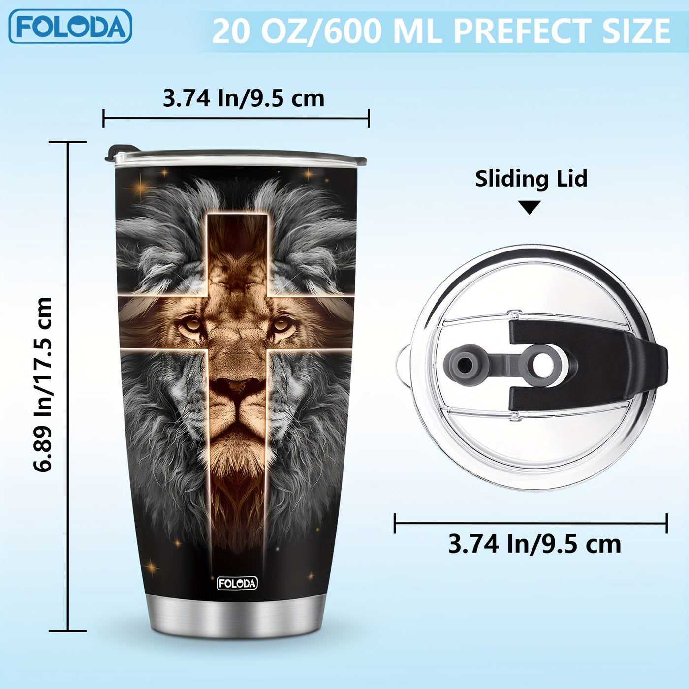 Foloda 20oz Lion-Themed Stainless Steel Tumbler with Lid - Inspirational Design Maximus Echo