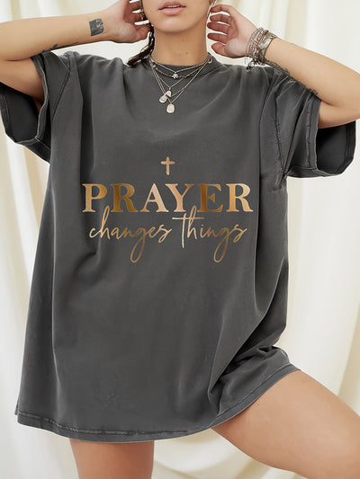 Women's "Prayer Changes Things" Christian T-Shirt - Navy Blue & Golden Lettering, 100% Cotton - Maximus Echo
