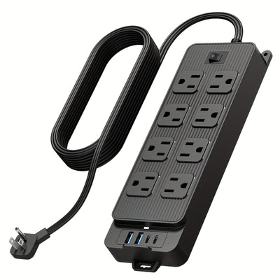 Protector Outlet Extender Power Strip with 5ft/10ft Thin Flat Extension Cord, 8 Widely Distributed AC Outlets, 4 USB Charging Ports (2 USB A & 2 USB C), Desk Charging Station, Compact Power Strip Outlet Extend - Maximus Echo