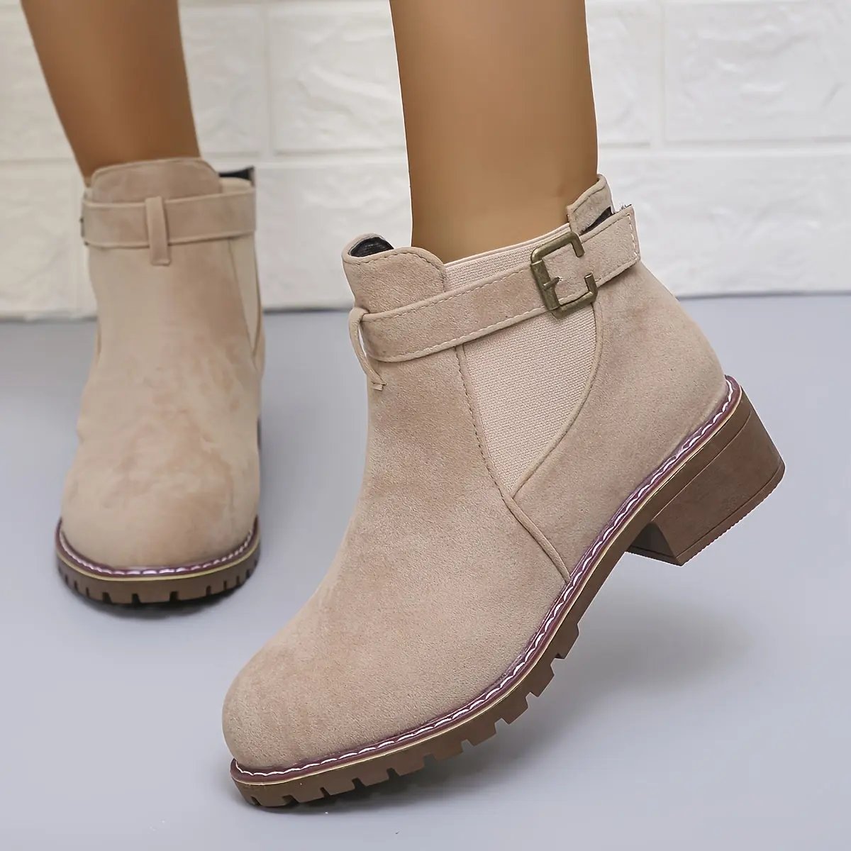 Women's Slip-On Low Heel Ankle Boots - Sporty Chic Round Toe with Decorative Buckle