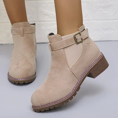 Women's Slip-On Low Heel Ankle Boots - Sporty Chic Round Toe with Decorative Buckle