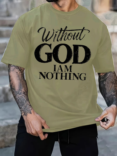 Men's 180g Heavyweight Cotton T-Shirt with "Without GOD I AM NOTHING" Inspirational Print - Navy Blue Casual Round Neck Short Sleeve Tee, Machine Washable - Maximus Echo