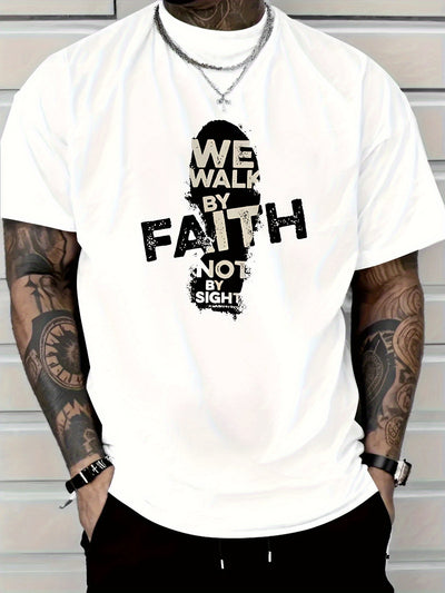 Men's 180g Cotton T-Shirt with "We Walk by Faith Not by Sight"- Casual Round Neck Short Sleeve Tee, Machine Washable, Durable Fabric Shirt - Maximus Echo