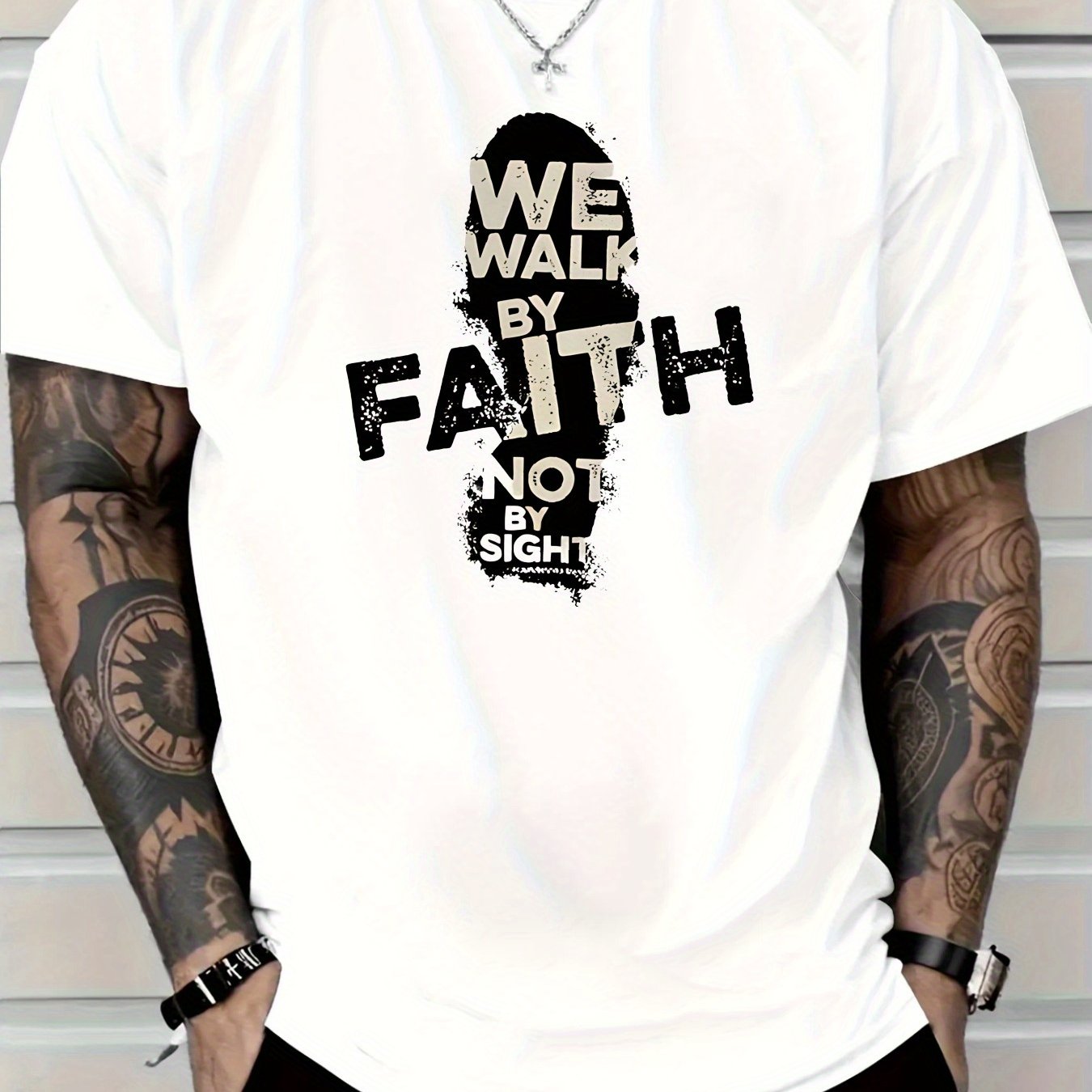Men's 180g Cotton T-Shirt with "We Walk by Faith Not by Sight"- Casual Round Neck Short Sleeve Tee, Machine Washable, Durable Fabric Shirt - Maximus Echo