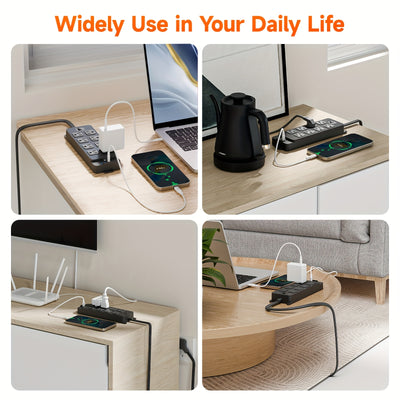 Protector Outlet Extender Power Strip with 5ft/10ft Thin Flat Extension Cord, 8 Widely Distributed AC Outlets, 4 USB Charging Ports (2 USB A & 2 USB C), Desk Charging Station, Compact Power Strip Outlet Extend - Maximus Echo