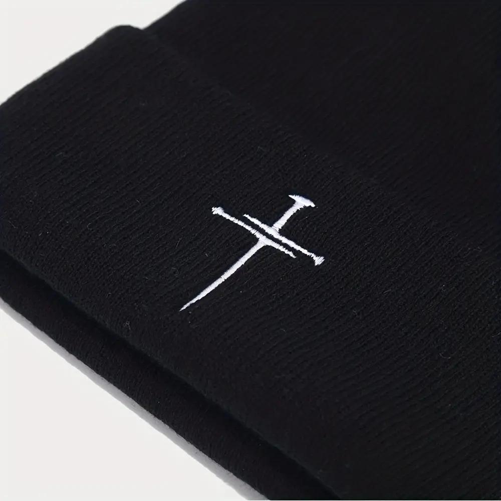 Unisex White & Blue/ Grey Knit Beanie Hats with Cross- Winter