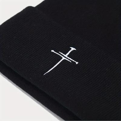 Unisex White & Blue/ Grey Knit Beanie Hats with Cross- Winter