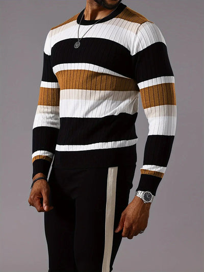Men's Striped Color-Block Ribbed Knit Sweater - Long Sleeve Round Neck Pullover with Elastic